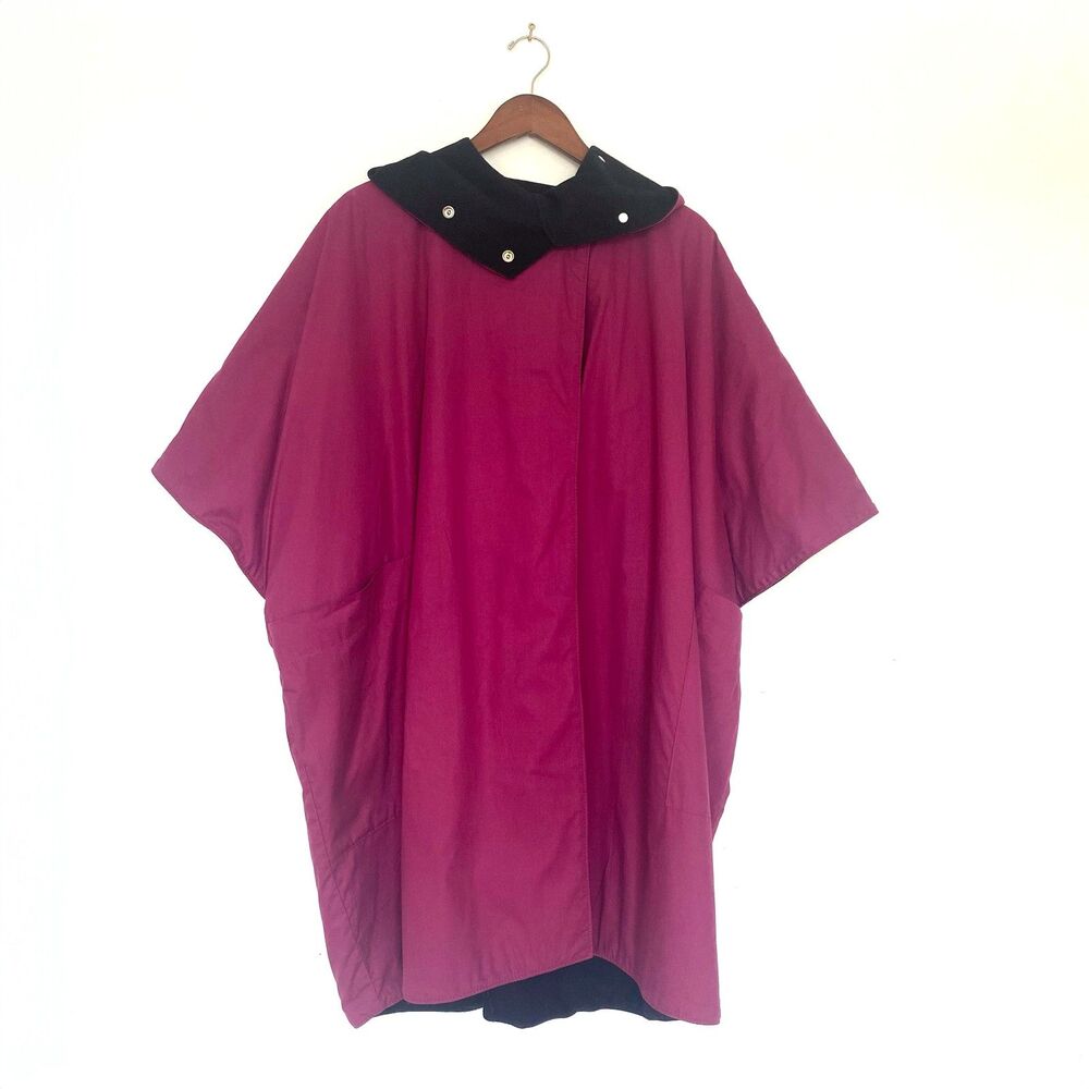 Vintage 80s Waterproof Drape Poncho Cape Coat w/ Hood, Fleece Interior + Pockets